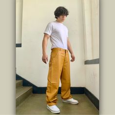 Material: 100% Genuine Leather Yellow Pants Outfit Men, Yellow Outfit Aesthetic Men, Yellow Men Outfit, 70s Inspired Fashion Men, Mens Yellow Pants, Yellow Pants Outfit, Mustard Yellow Pants, Mustard Yellow Outfit, Mustard Pants