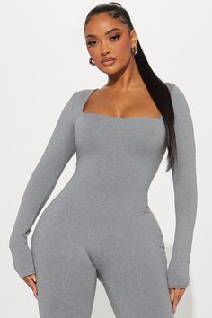 Available In Black. Double Lined Jumpsuit Long Sleeve Square Neckline Flare Leg Stretch Inseam = 33" 96% Polyester 4% Spandex Imported California Proposition 65 WARNING: Cancer and Reproductive Harm - www.P65Warnings.ca.gov. | Vanessa Double Lined Jumpsuit in Heather Grey size Large by Fashion Nova Jumpsuit Long Sleeve, Jumpsuit Long, Hack Tool, Leg Stretching, Long Jumpsuits, Curve Dresses, Mens Activewear, Matching Dresses, Fashion Killa