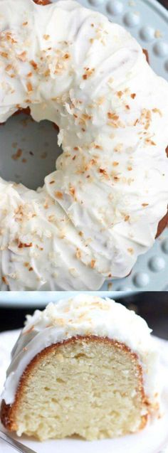 two pictures of a bundt cake with frosting and sprinkles