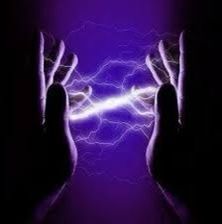 two hands reaching towards each other in front of a purple background with lightning and lightening