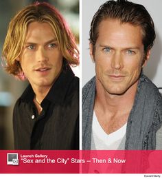 two men with long hair and blue eyes, one in grey shirt the other in black