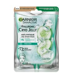 Encourage the illusion of a dewy, wide-awake complexion with Garnier’s Anti-Fatigue Cryo Jelly Face Mask. Imparting a cooling sensation, the ultra-refreshing formula delivers up to 24 hours of moisture, while helping to minimise the appearance of dark circles and puffiness.  The mask is enriched with a blend of hyaluronic acid and glycerin, working to protect against dryness and nourish the skin barrier function. Complete with menthol for a soothing effect, the promotes a visibly plumper finish.  Vegan and certified cruelty-free. Jelly Face Mask, Garnier Skinactive, Garnier Skin Active, Sheet Mask, The Mask, Kylie Cosmetics, Xanthan Gum, Face Care, Dark Circles