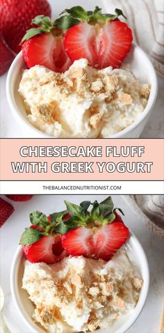 cheesecake fluff with greek yogurt and strawberries in a white bowl