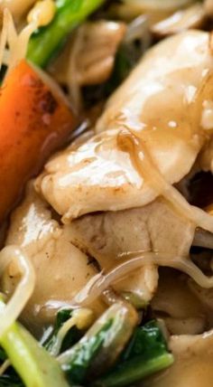 chicken, carrots and noodles with sauce on top