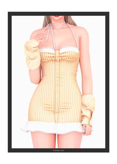 a woman is wearing a yellow and white striped corset with her hands on her hips