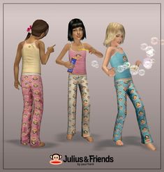 three girls in pajamas are blowing bubbles on a gray background with the caption julia & friends