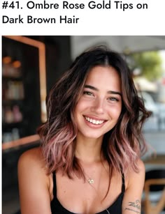 Dark Brown To Rose Gold Ombre, Dark Brown Hair Rose Gold Balayage, Pink Balayage Medium Hair, Rose Brown Ombre Hair, Dark Brown Rose Gold Hair, Fashion Color Money Piece, Small Peekaboo Hair Color, Short Hair With Colored Tips, Brunette Pink Ombre