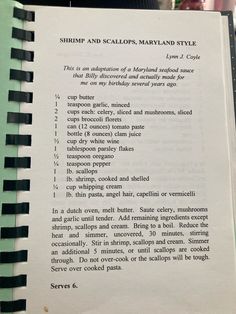 an open book with instructions on how to make shrimp and scallop marinated style