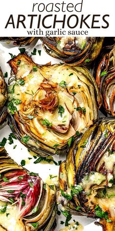 roasted artichokes with garlic sauce and parsley on top, in a white plate