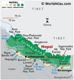 map of nepal with the capital and major cities in green, surrounded by other countries