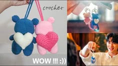 two crocheted keychains are hanging from hooks and one is holding a teddy bear