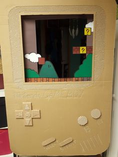 a cardboard box with an image of a game on the front and windows in the back