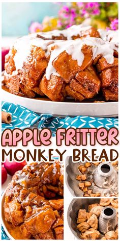 an apple fritter monkey bread with icing on top and the words, apple fritter monkey bread