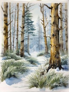 a painting of trees and grass in the snow