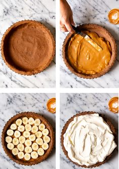 four pictures showing how to make a pie crust with bananas and peanut butter in it