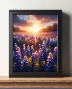 an oil painting of purple flowers with the sun setting in the distance behind it on a shelf