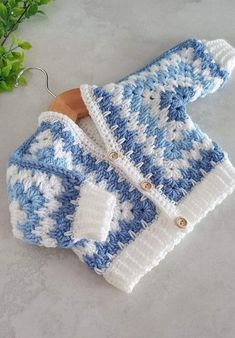 a blue and white crocheted sweater hanging on a wooden hanger next to a plant