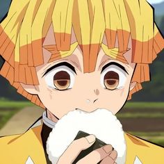 an anime character with blonde hair and big eyes eating something while looking at the camera