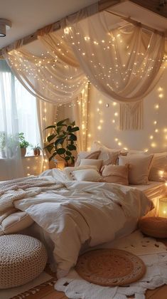 a bedroom with lights on the ceiling and bed in front of a curtained window