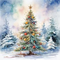 a watercolor painting of a christmas tree in the snow with baubons on it