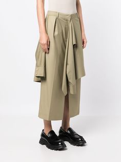 Goen.J Layered Midi Straight Skirt  - Farfetch Midi-length Workwear Bottoms With Folds, Workwear Midi Bottoms With Folds, Midi Length Bottoms With Folds For Work, Elegant Khaki Skirt For Workwear, Workwear Skirt, J Rock, Yoko London, City Dress, Marine Serre