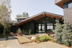 a modern house with large windows and lots of greenery