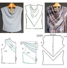 three different patterns for a top, one with an open neck and the other without