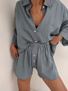 The classic 03 Set from Deiji Studios features an oversized box fit blouse and a boxer-style short. This incredible set can be worn at home, for sleepwear, or styled as separates. The top features wide arms with front pocket detail and the shorts are designed to fit mid-rise and loose-fitting with a faux-button down fly and elastic waist for comfort. We envision wearing each piece as separates and paired with Cloud Socks and the Pansy Bralette. Model size S/M wearing Deiji Set in size M/L 100% O Cloud Socks, Deiji Studios, House Clothes, Fitted Blouses, Pocket Detail, Spring Outfit, Passion For Fashion, Front Pocket, Spring Outfits