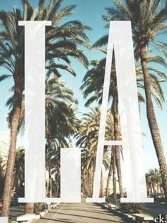 palm trees with the word la in front of them and an image of a street