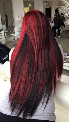 Red Chunky Highlights On Black Hair, Red Hair Black Lowlights, Black And Red Striped Hair, Hair Color Ideas For Brunettes Edgy, Red Hair With Black Underneath, Red And Black Hair Color, Red And Black Hair Ideas, Black And Red Hair, Red Hair Color Ideas