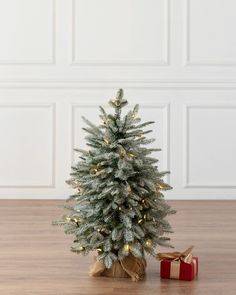 a small christmas tree sitting on top of a wooden floor next to a present box