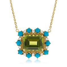 Ross-Simons - 3.80ct Peridot, .30ct t. w. Diamond Necklace, Turquoise. 16". Take this creatively cool necklace as an opportunity to refresh your look for the upcoming season! The 3.80 carat emerald-cut peridot is accentuated by an eye-catching frame of 2.5mm round stabilized turquoise cabochons and shimmering .30 ct. t. w. round brilliant-cut diamonds with milgrain detailing. Crafted in 14kt yellow gold. Suspends from a cable chain with a 2" extender. Lobster clasp, diamond and peridot necklace. Fine Jewelry Green Multi-stone Necklace, Green Multi-stone Fine Jewelry Necklace, Green Multi-stone Fine Jewelry Necklaces, Turquoise Color Scheme, Cool Necklace, Peridot Birthstone, August Birthday, Peridot Necklace, Necklace Turquoise