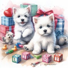 two small white dogs sitting next to each other with toys and gifts in the background