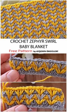 the crochet zephar swirl baby blanket is shown in two different colors