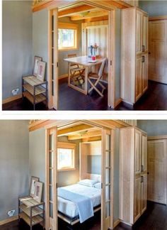 two pictures of the inside of a room with furniture and bed in it, one is made out of wood