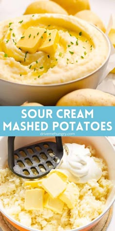 mashed potatoes in a bowl with butter and sour cream on top, topped with parmesan cheese