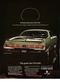 an advertisement for chrysler's new car, the 1970 chevelon couper