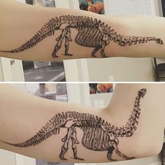 two pictures of an arm with a dinosaur skeleton on it and another image of a man standing next to a t - rex