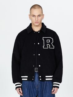 This is a trendy and casual varsity jacket that has the 90s modern vintage mood. The cotton corduroy gives a classic mood, and you can style it easily for your daily life. - Logo embroidery detail- Snap closure on the front- Inner welt pockets- Ribbed cuff and hem Black Casual Corduroy Outerwear, Black Corduroy Casual Outerwear, Cotton College Style Varsity Jacket For Campus, College Style Cotton Varsity Jacket For Campus, Vintage Corduroy Outerwear For Streetwear, Black Winter Varsity Jacket For Campus, Casual Corduroy Outerwear For Streetwear, Streetwear Corduroy Outerwear With Corduroy Collar, Urban Cotton Varsity Jacket For Campus