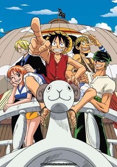 one piece is sitting on the back of a boat while other people are standing around