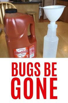 a bottle of bug's be gone sitting on top of a table next to a plastic funnel