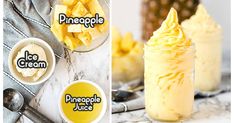 pineapple ice cream in a glass jar with spoons next to it and two pictures of pineapple slices