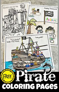 three pirate coloring pages with the title free printables for kids to color on