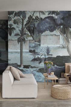 The Large Tree, Blue, is a mesmerizing wallpaper inspired by Gauguin's iconic artwork. This serene, repeatable design captures the essence of the original painting, focusing on the majestic tree and the soothing blue hues. Perfect for creating a tranquil and modern living room ambiance. Wallpaper Backdrop, Majestic Tree