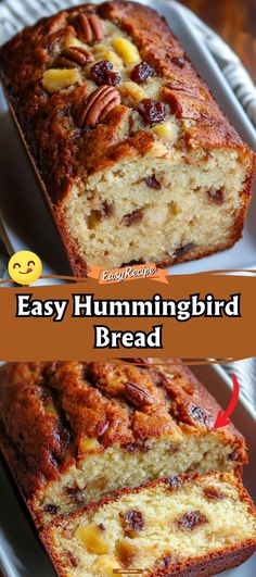 two slices of bread with pecans on top and the words easy hummingbird bread below