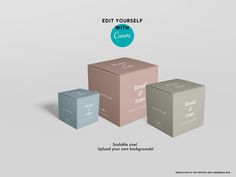 three boxes with labels on them sitting side by side in front of a white background