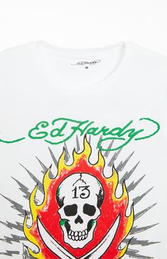 Embrace edgy style with the Ed Hardy 13 Skull T-Shirt. Featuring a striking skull graphic, this tee is a bold addition to your wardrobe. With a classic crew neckline and short sleeves, it offers an effortlessly cool look.   	Crew neckline 	Short sleeves 	Standard fit 	Ed Hardy graphic 	Machine washable Slim Fit Cargo Pants, Skull Graphic, Dad Jeans, Skull T Shirt, Edgy Style, Skull Tshirt, Jeans Kids, Kids Swimwear, Kids Swimming