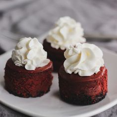 three chocolate cakes with whipped cream on top sit on a white plate, ready to be eaten