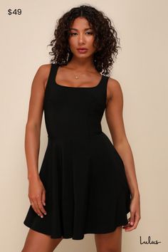 Whether you're home by curfew or keep the party going all night, the Lulus Home Before Daylight Black Dress is the perfect party companion! Ponte knit tank straps support a stunning bodice with a sexy square neckline, scoop back, and unique seaming in front. The fun continues with a fit and flare style, thanks to a full circle skirt. Exposed back zipper. Fit: This garment fits true to size. Length: Mid-thigh. Size medium measures 34" from shoulder to hem. Bust: Great for any cup size. Waist: Fit Full Circle Skirt, Full Circle Skirts, Royal Blue Color, Full Circle, Knit Tank, Circle Skirt, Perfect Party, Knit Tanks, Full Skirt