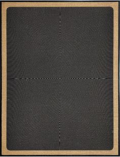 a black and beige rug with wavy lines